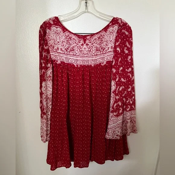 FREE PEOPLE Red Paisley Bell Sleeve Mixed Print Tunic Dress Size S Boho Festival - Picture 5 of 6